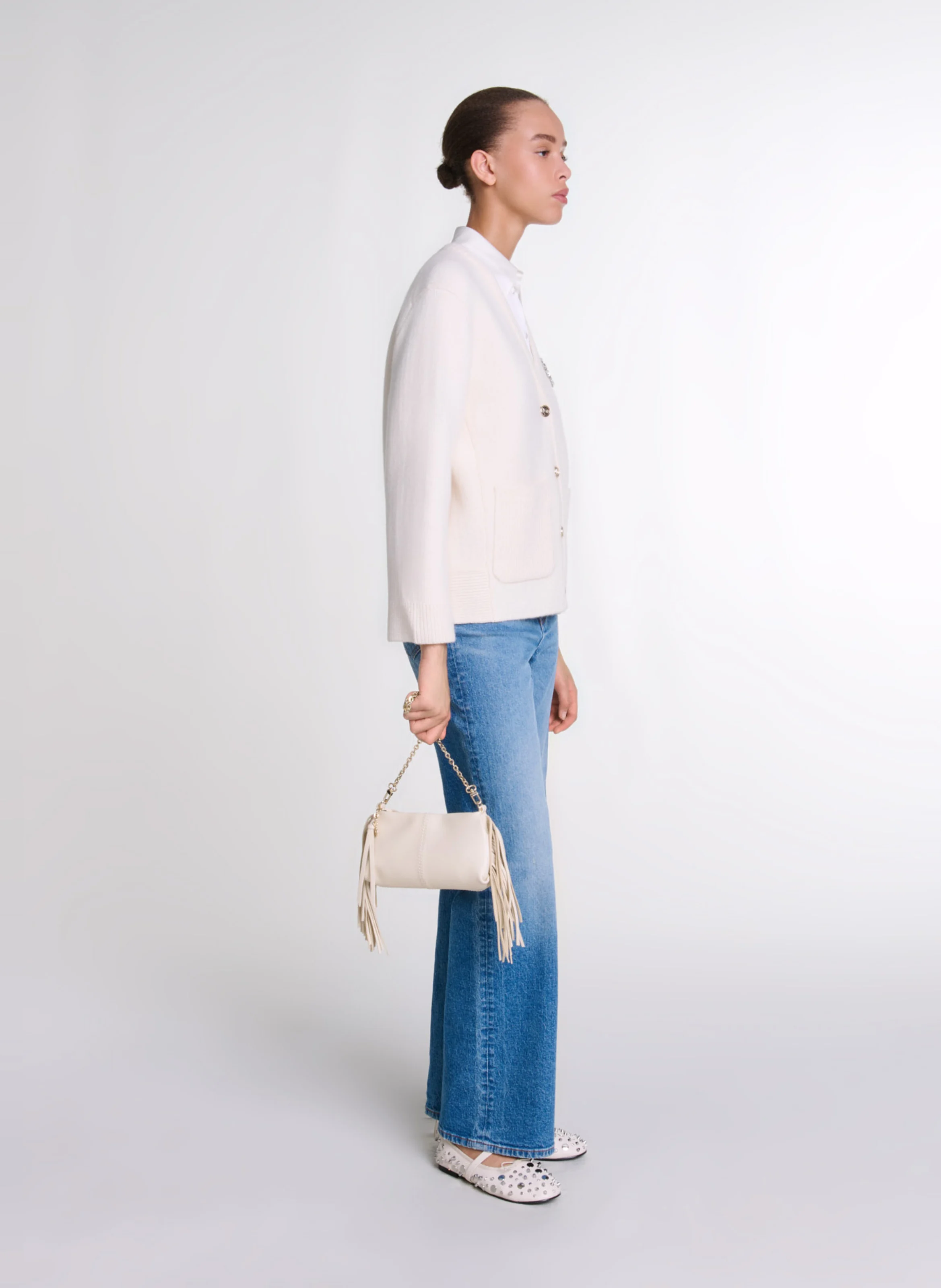 Cardigan droit en laine mélangée | Beige