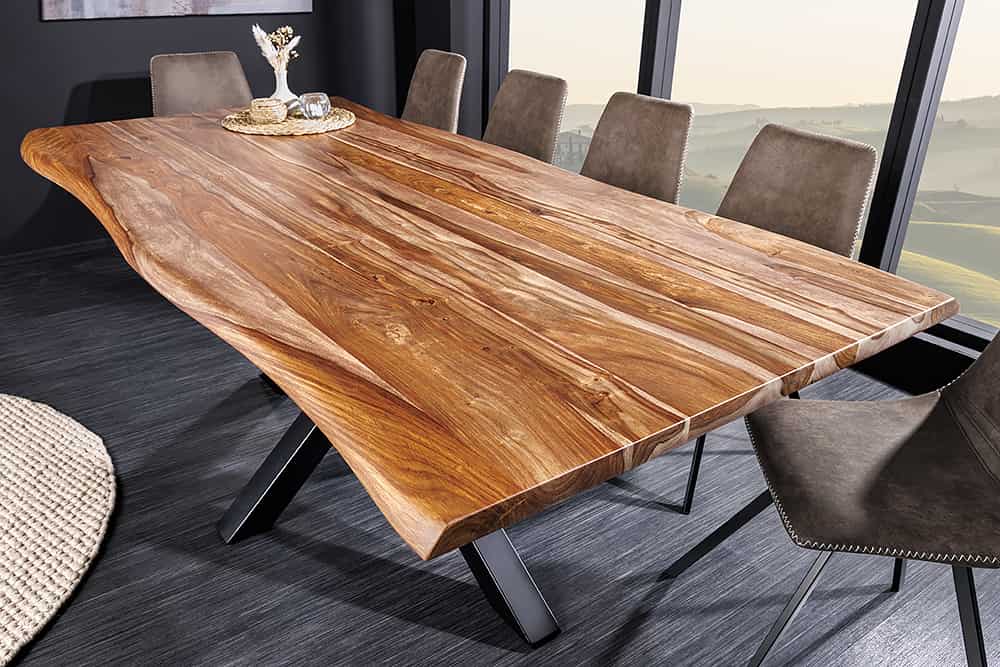 Massivholz Esstisch MAMMUT 200cm braun Sheesham schwarzes Gestell Baumkante stone finish