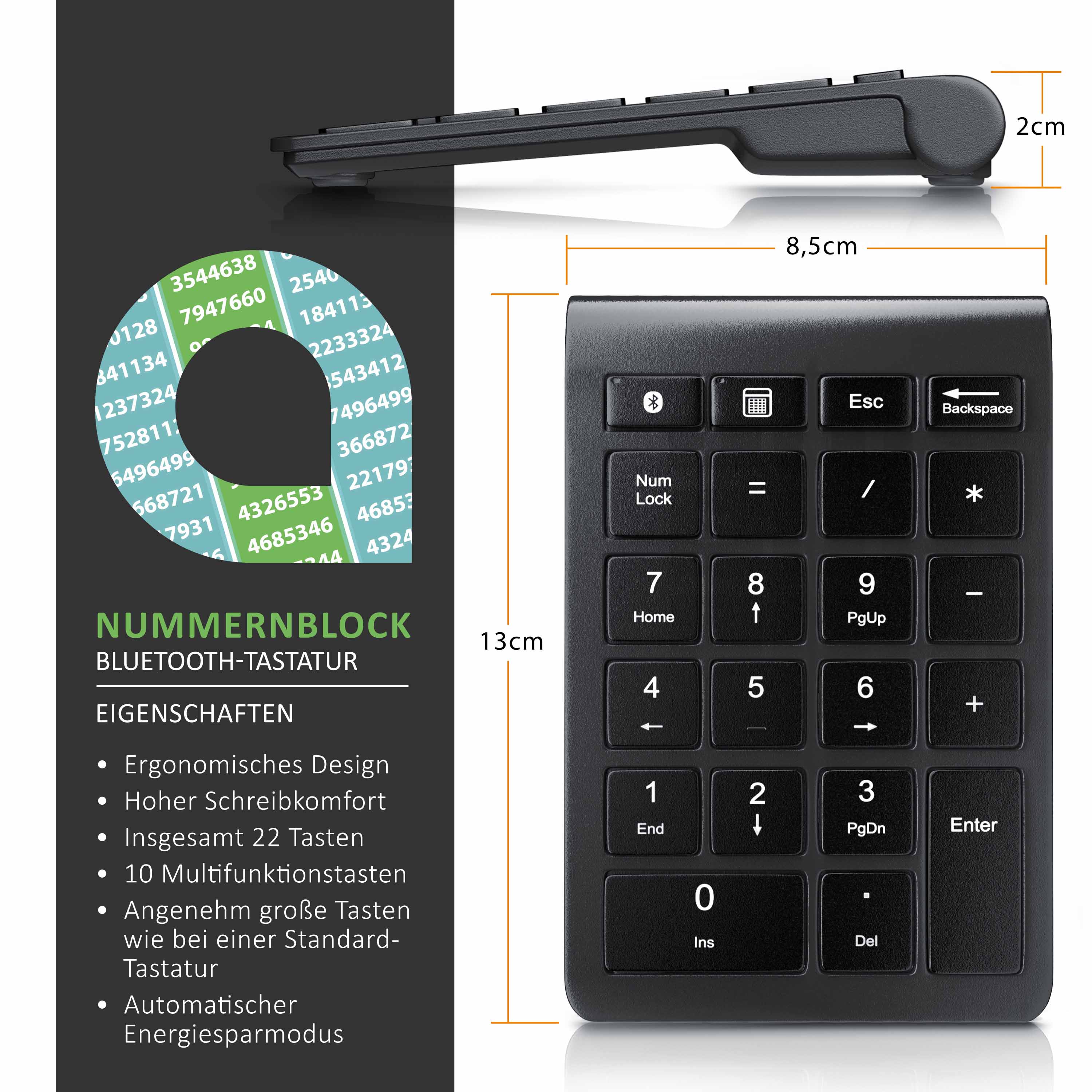 Aplic Bluetooth Numpad mit 22 Tasten Keypad / Ziffernblock mit Multimediatasten