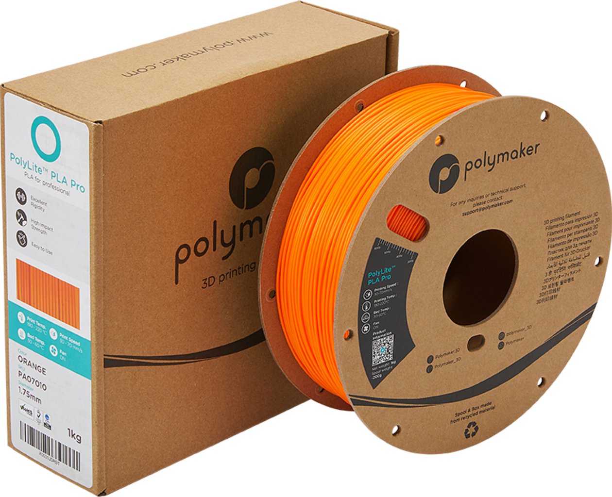 Polymaker  PolyLite PLA PRO Orange, 1,75 mm (1.000 g)    PLA Filament mit exzellenten Eigenschaften für FDM Drucker