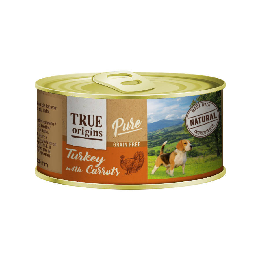 Lata de 185g de True Origins Pure Turkey com Cenouras para cães