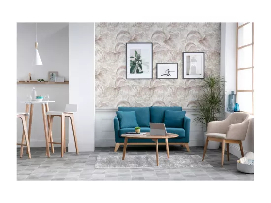 Canapé scandinave déhoussable 2 places en tissu bleu canard et bois clair OSLO
