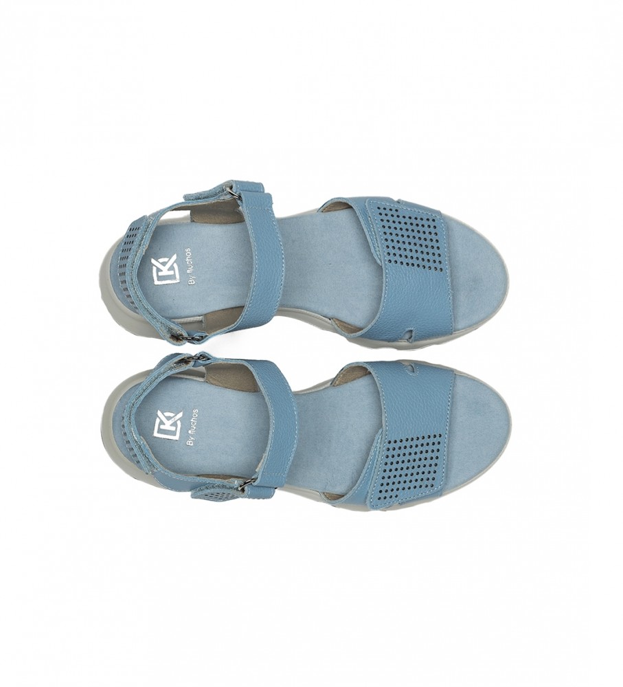 Sandálias Dorking by Fluchos Lais D9025 em couro azul - Salto plataforma de 6 cm -