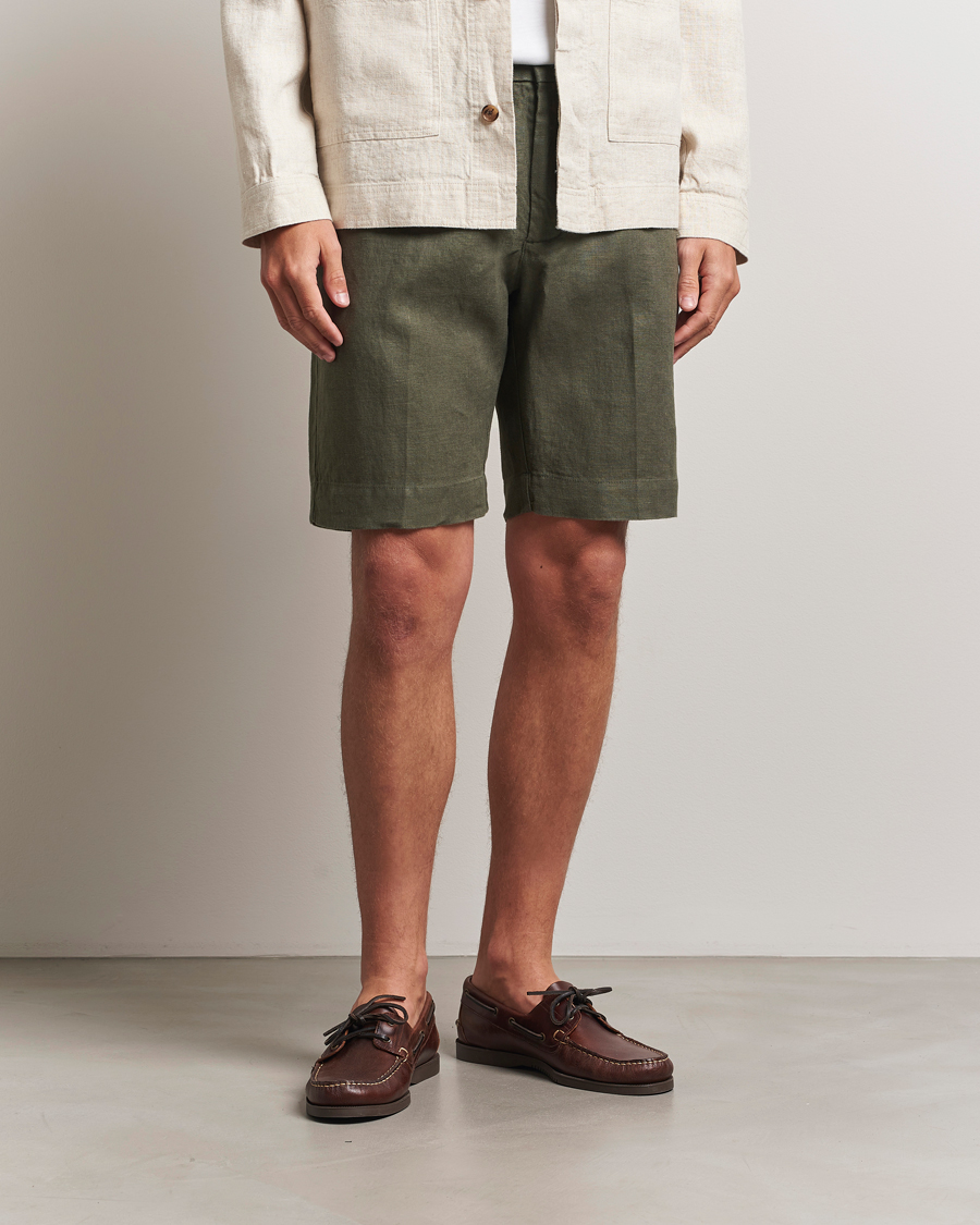 NN07 Billie Pleated Linen Drawstring Shorts Croc Green