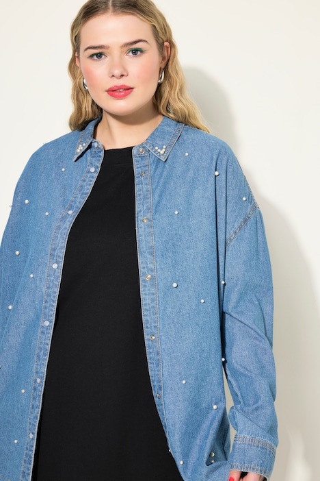 Jeanshemd, oversized, Zierperlen, Langarm