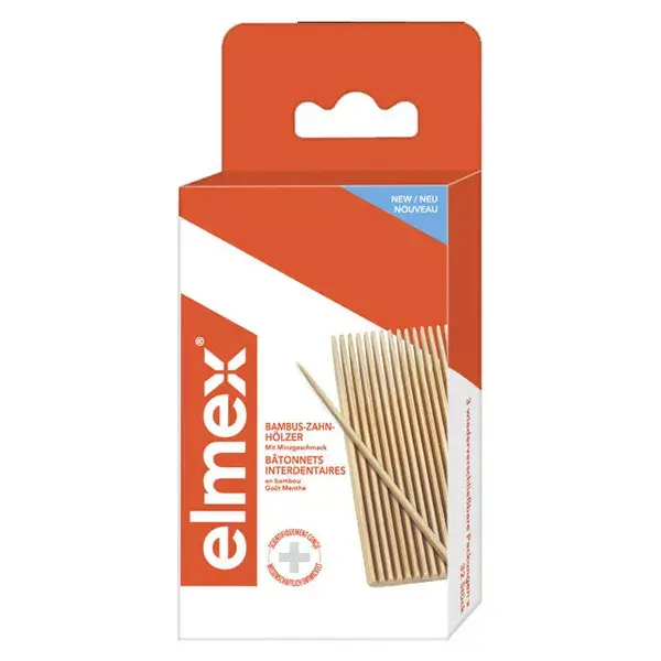 Palitos interdentais de bambu com sabor de menta Elmex, 3 pacotes com 32 unidades.