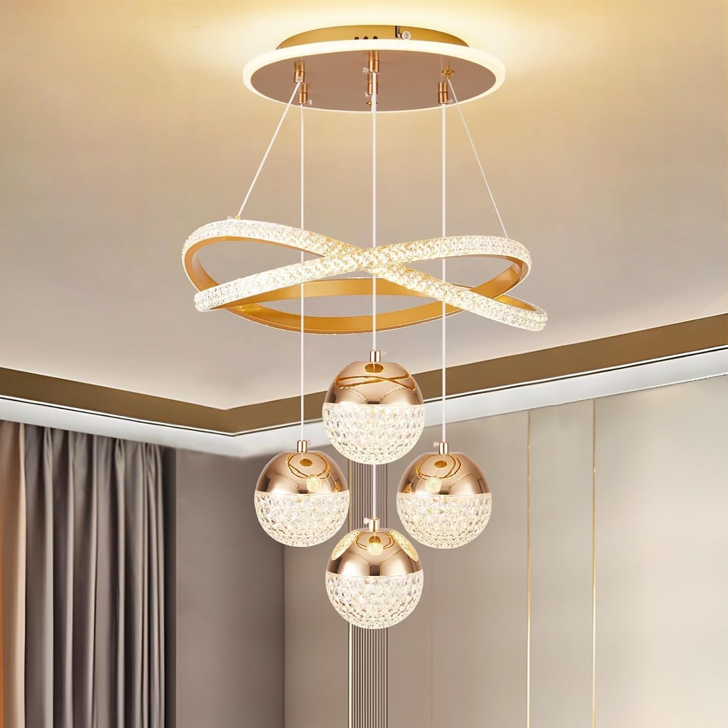 Gold Acryl Kronleuchter Ring Moderne Led Kristall Küche Insel Leuchte Decke Hängen 3 Ball Dimmbare Deckenleuchten Led Pendelleuchte mit Fernbedienung Studie Büro Pendelleuchte(Gold,Regular styl