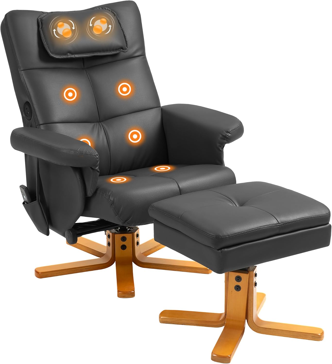 HOMCOM Relaxsessel mit Hocker, 360°drehbarer Fernsehsessel mit Knetmassage und Vibrations-Massage, Liegefunktion, Massagesessel mit USB- und USB-C-Anschlüssen, Seitentasche Kunstleder Schwarz