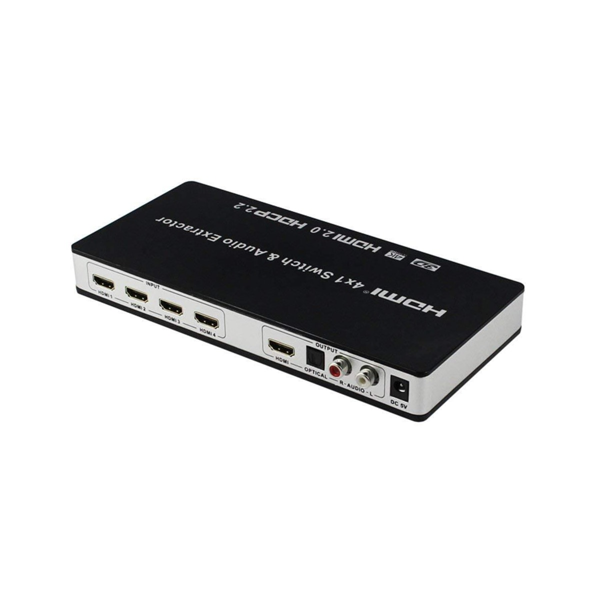 HDMI 4x1 koblingsboks og lyddeler UHD 4K 3D HDMI 2.0 ARC Toslink + RCA