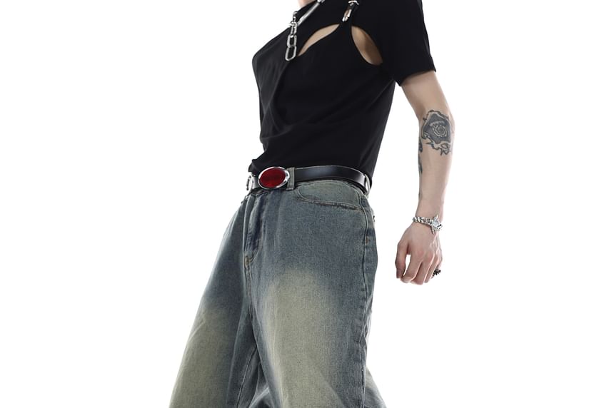 Kooklay - Mid Rise Washed Belted Cutout Wide Leg Jeans