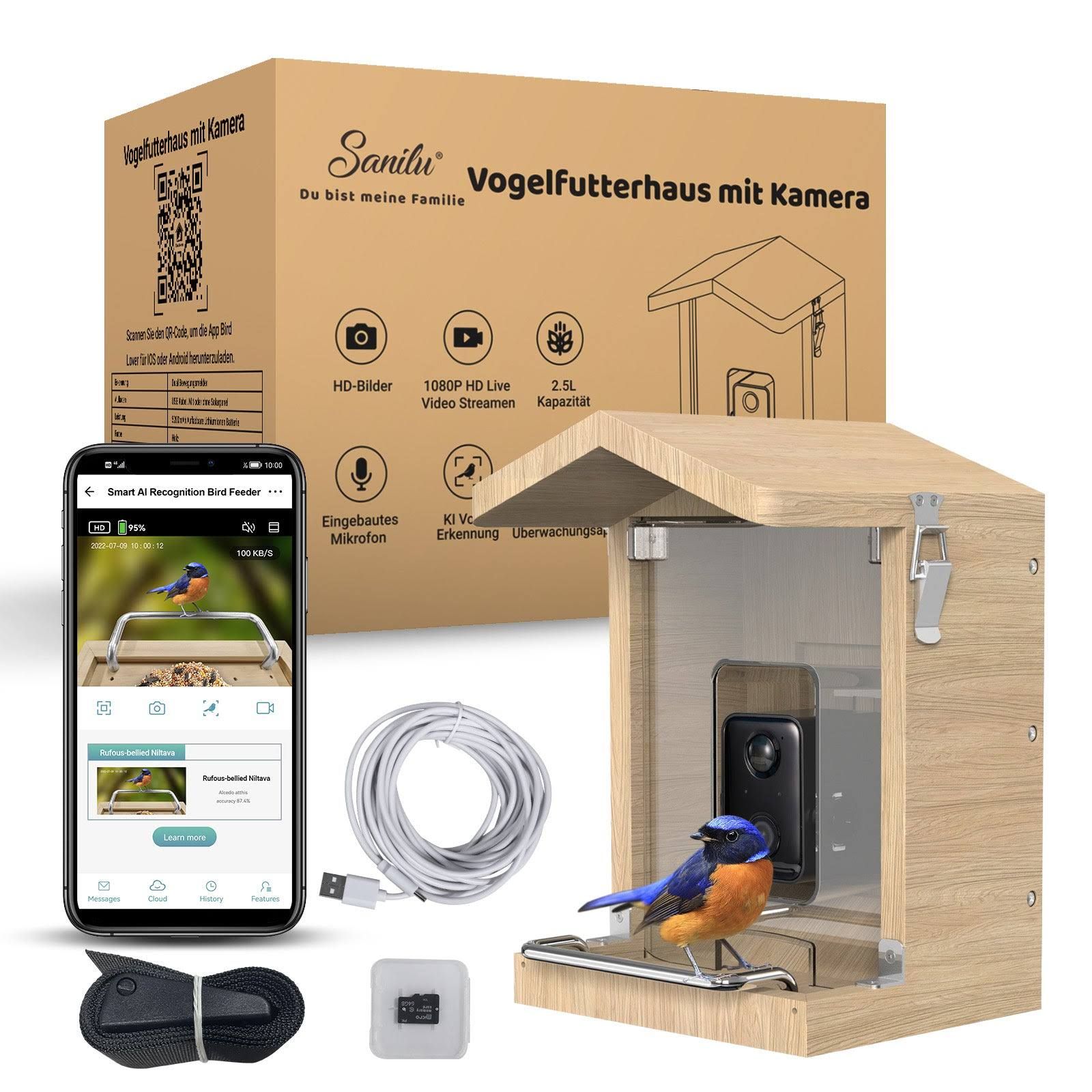 Vogelfutterhaus mit Kamera aus Holz KI-Vogelerkennung