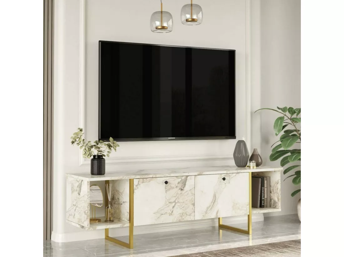 Meuble TV Arneb, Buffet de salon, Armoire basse pour TV, Base murale de rangement, 160x40h48 cm, Blanc et Or