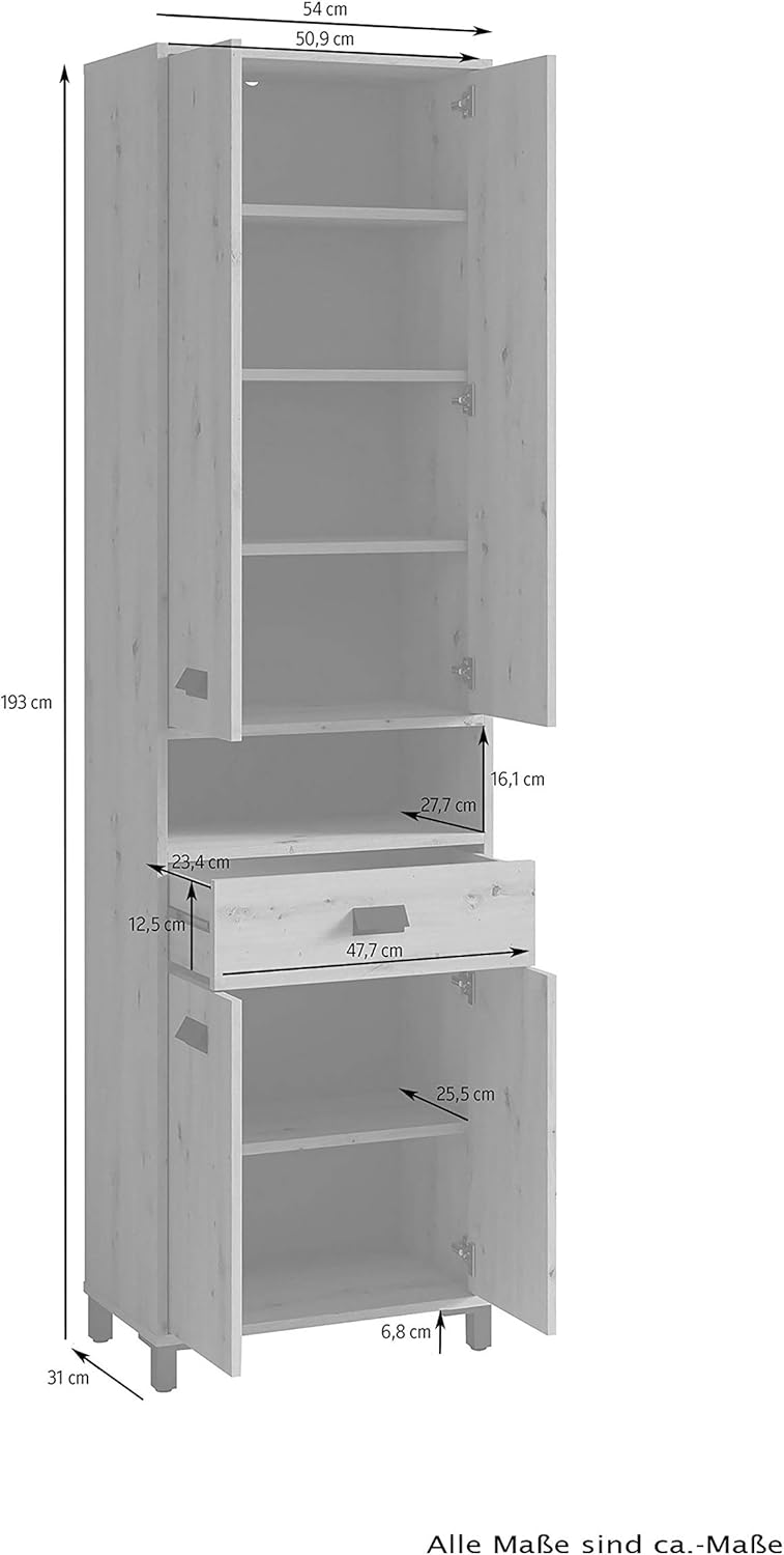 byLIVING Badezimmer-Hochschrank Wellness in Melamin weiß, Griffe aus Metall in schwarz/Badezimmerschrank 4 Türen mit offenen Elementen & viel Stauraum/B 54, H 193, T 31 cm