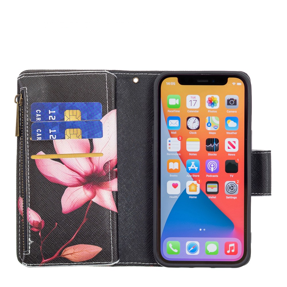iPhone 13 Pro Leder Wallet Etui Tasche mit 9 Kartenfächern   Münzfach Blume - Schwarz