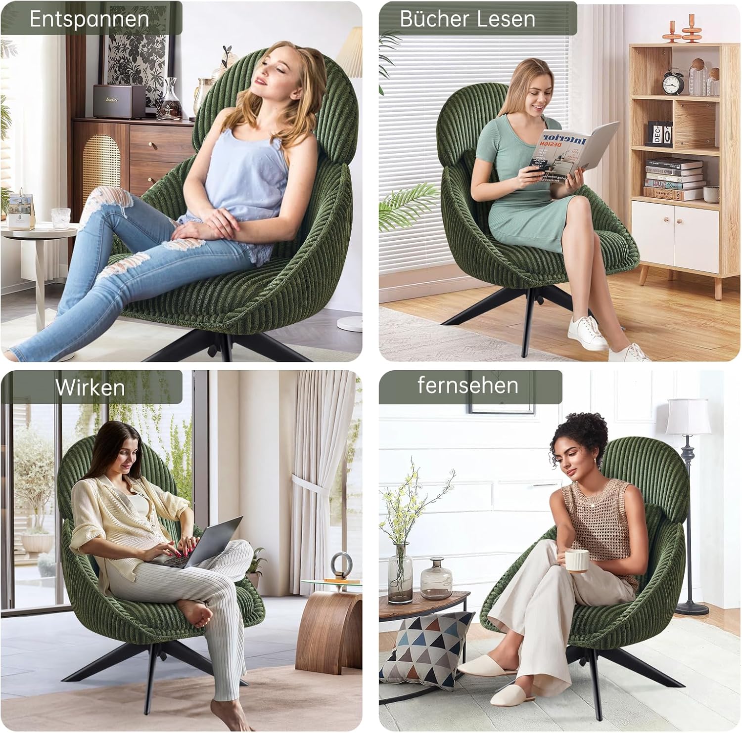 Loungesessel Sessel Wohnzimmer 360°Drehbar, Ohrensessel Armlehnstuhl Polsterstuhl mit dickem Abnehmbares Wurfkissen, Relaxsessel Lesesessel für Wohnzimmer Schlafzimmer Büro, Grün