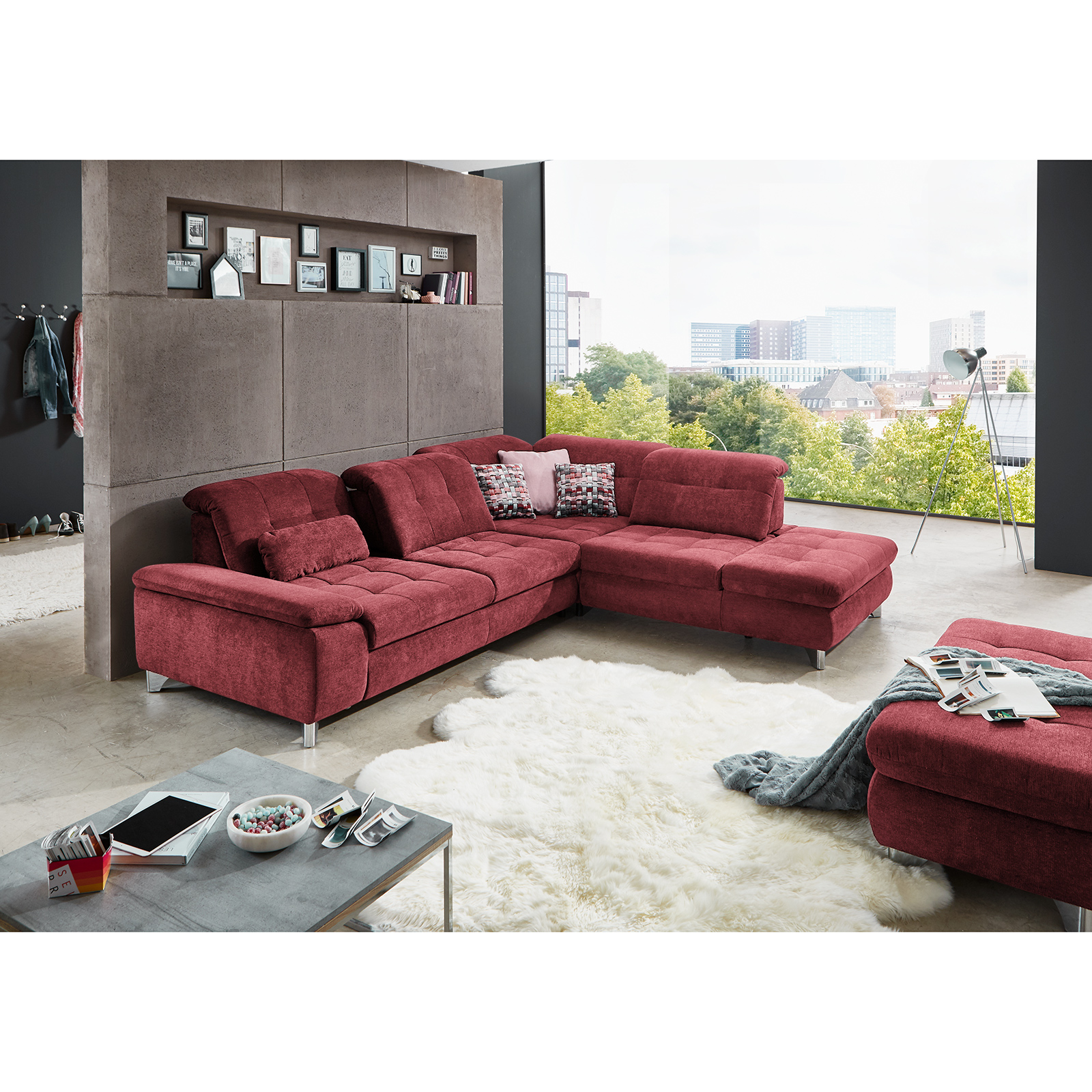 Ecksofa - cherry - Microchenille - Sitztiefenverstellung - Anstellhocker rechts