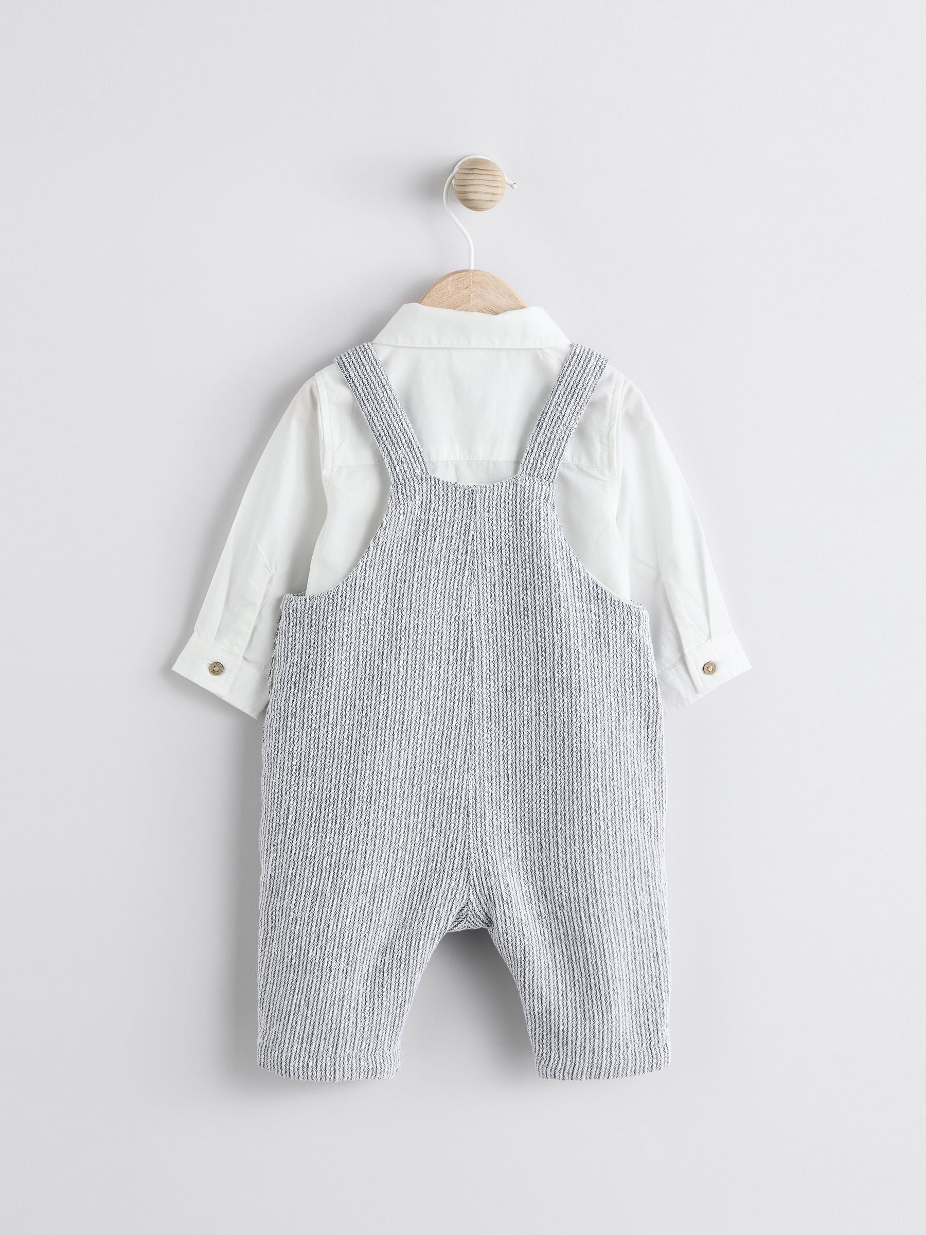 Grijs/wit - Geweven babyset van 100% katoenen bretelbroek en bodysuit (0mnd -3jr)