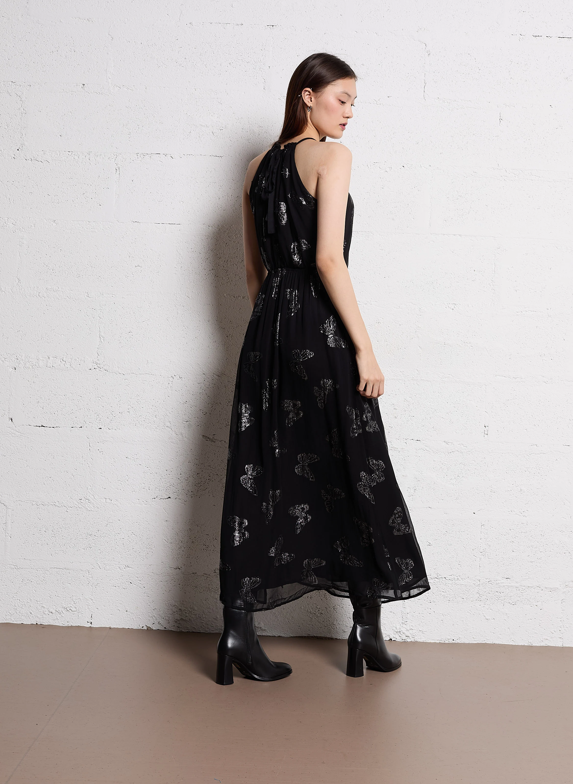Robe longue à motifs papillons| Noir