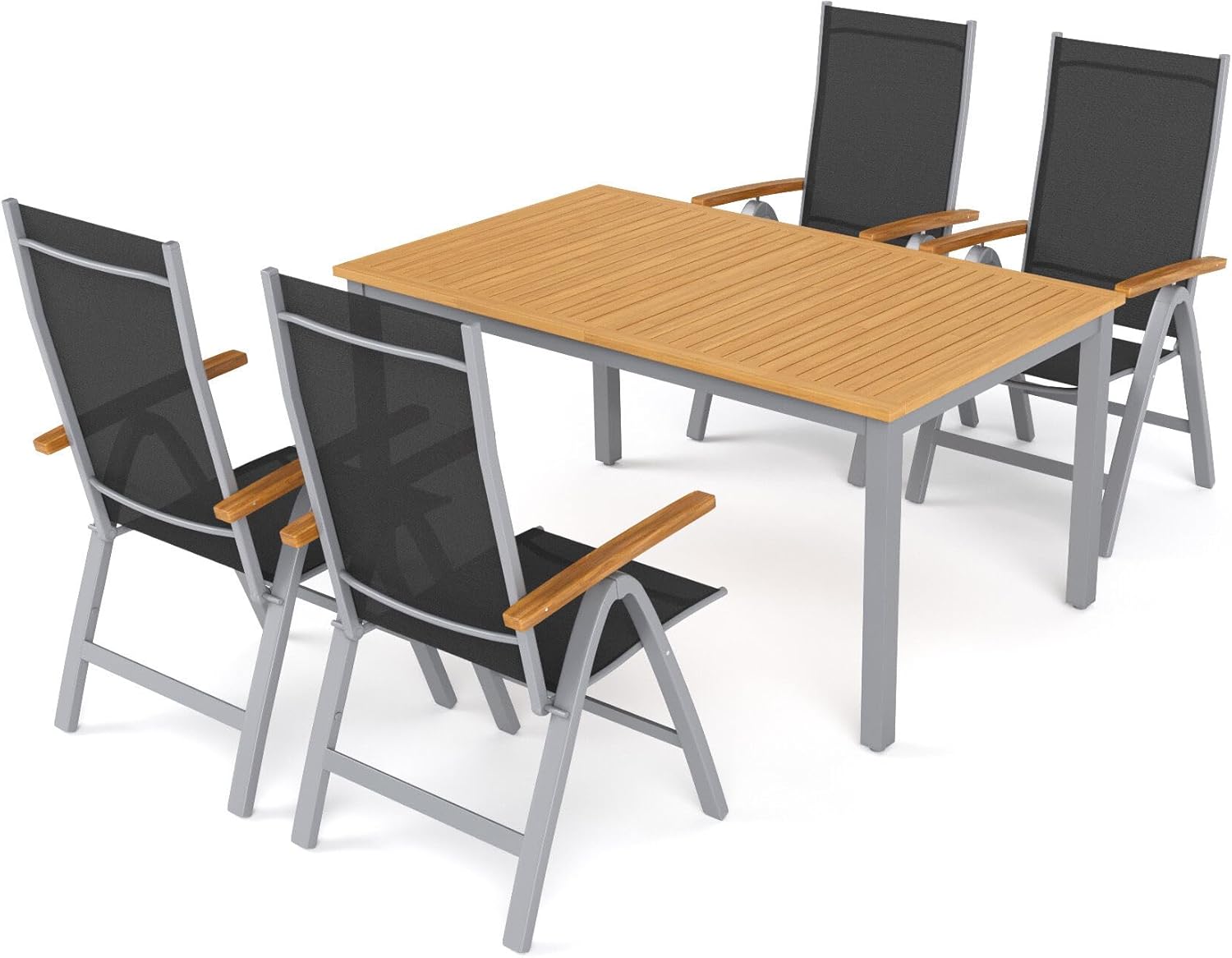 Villana Garten-Essgruppe mit 4 Klappstühlen, Silber, Alu/Eukalyptus, ausziehbarer Tisch 150/200 x 90 cm, FSC®-zertifiziertes Produkt