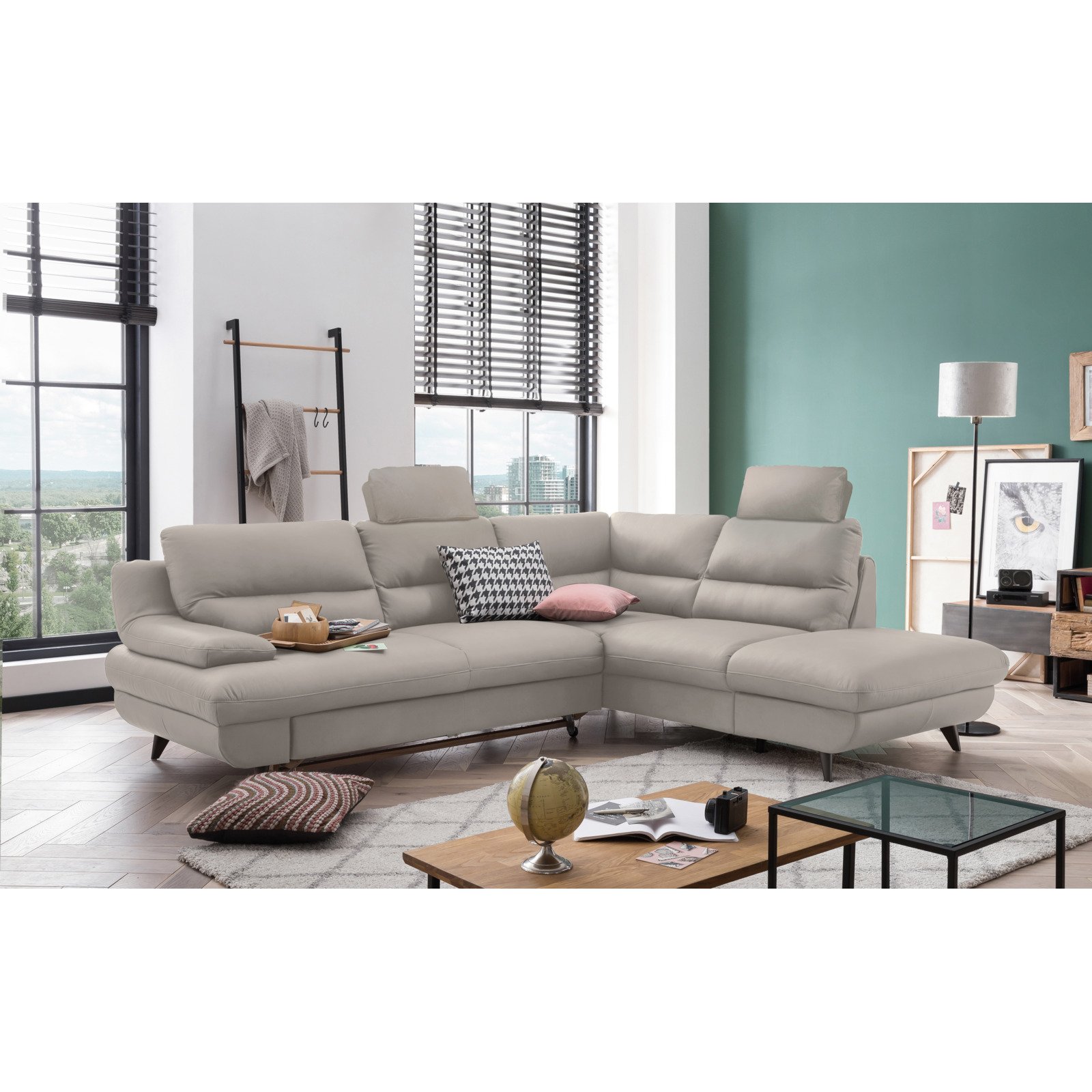 Ecksofa Pike Leder, Ottomane rechts hellgrau