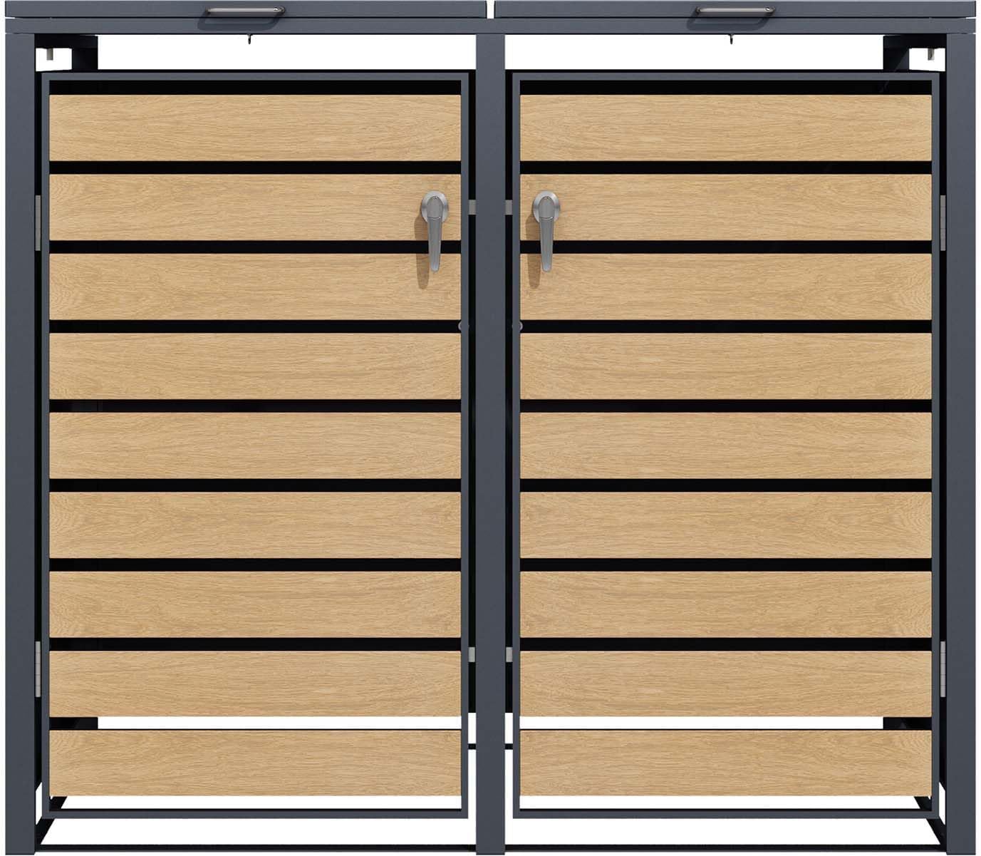 SCHARTEC® Mülltonnenbox 2er anthrazit mit Holz-Design erweiterbar 240l Mülltonnenverkleidung Mülltonnen Sichtschutz Unterstand