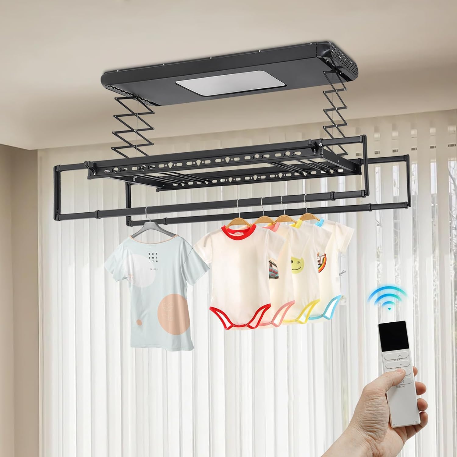 Elektrischer Wäscheständer Deckenmontage, Hebender Wäascheständer Decke mit Fernbedienung + LED-Beleuchtung, Kleiderstange 130-215 cm Einstellbare, 20m Fernbedienung (Schwarz)