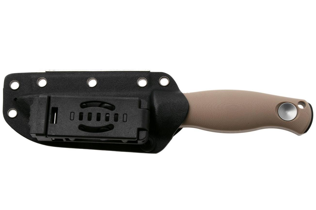 Kizer Polaris 1100A4, Black 1095 Carbon Steel, Tan G10 vaststaand mes, Azo design