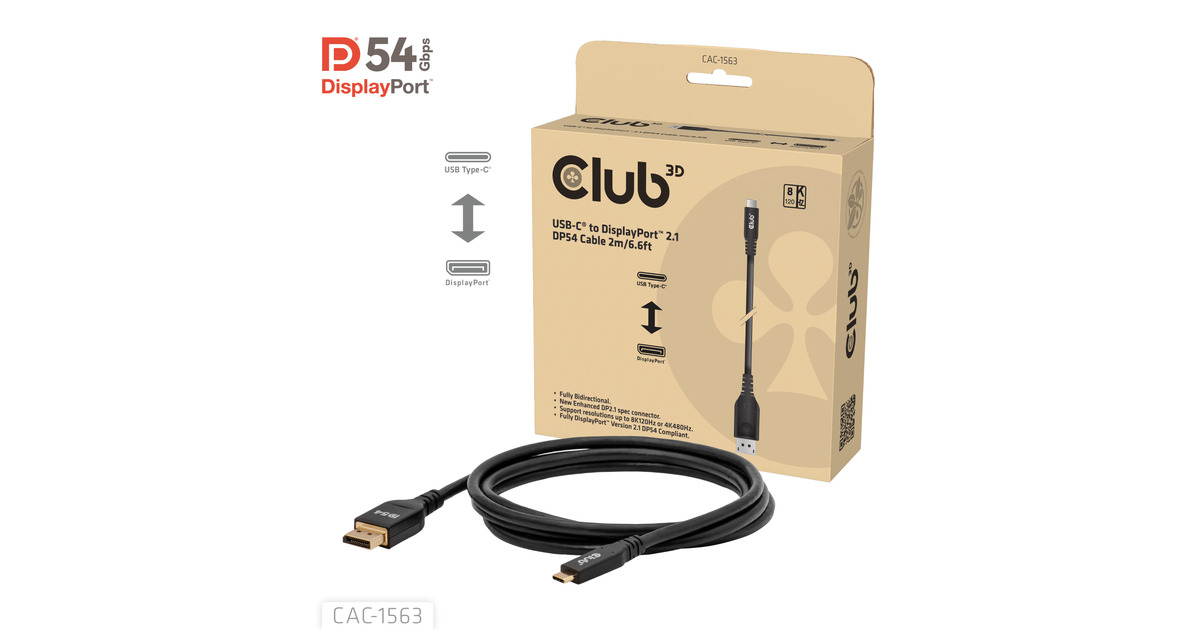 Club 3DUSB-C naar DisplayPort 2.1 DP54 Bi-Directioneel kabel, 8K120Hz 2m  (Zwart)