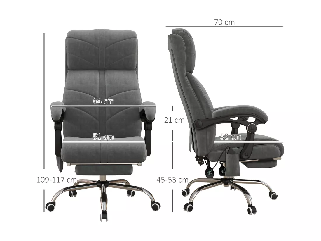 Fauteuil de bureau direction massant chauffant inclinable réglable repose-pied intégré tissu toucher flanelle grise