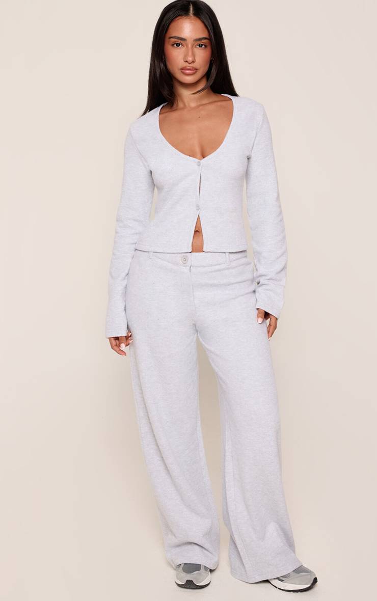 Gris Cendré Ensemble Coordonné Pantalon Large À Boutons Petite En Tissu Brossé