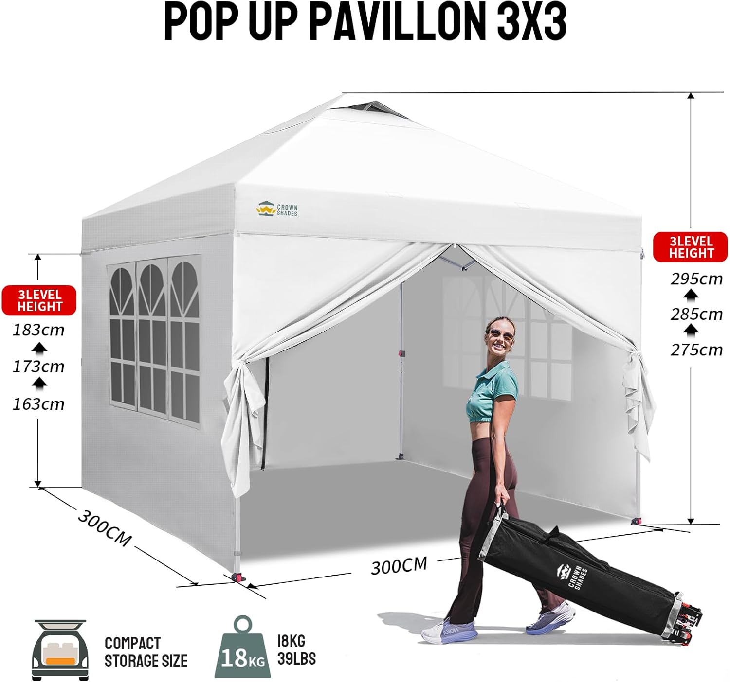 Pavillon 3x3 Wasserdicht Stabil Winterfest mit 4 Seitenteilen, Pop up Gartenpavillon UV Schutz 50+, Partyzelt Für Outdoor Camping, 3-Fach Höhenverstellbar, Pavillion mit Tragetasche