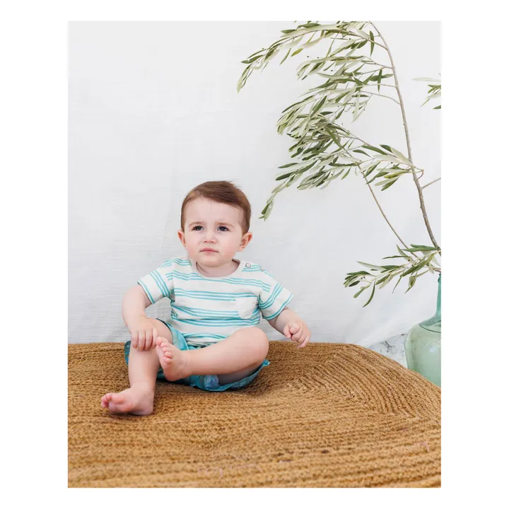 Búho T-shirt Rayé Coton Flammé Bébé | Bleu Vert
