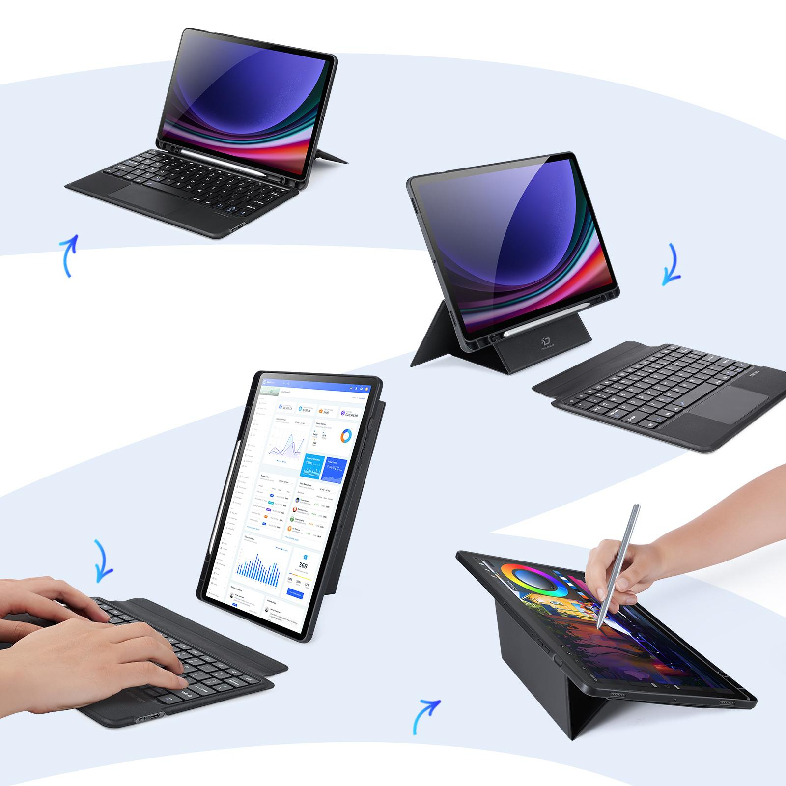 2in1 Samsung Galaxy Tab S9 Leder Tasche Magnetische Bluetooth Tastatur   S-Pen Halterung (QWERTY) - Schwarz