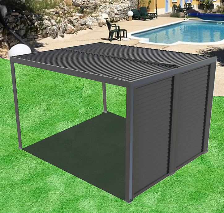 Pergola bioclimatique autoportante manuelle aluminium Habrita PER3630VBI gris 3,60 x 3 m avec 1 côté ventelles gris