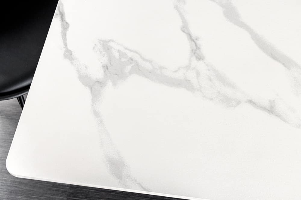 Moderner Esstisch GALAXIE 160cm weiß Keramik Marmor-Design glänzend Metallgestell schwarz
