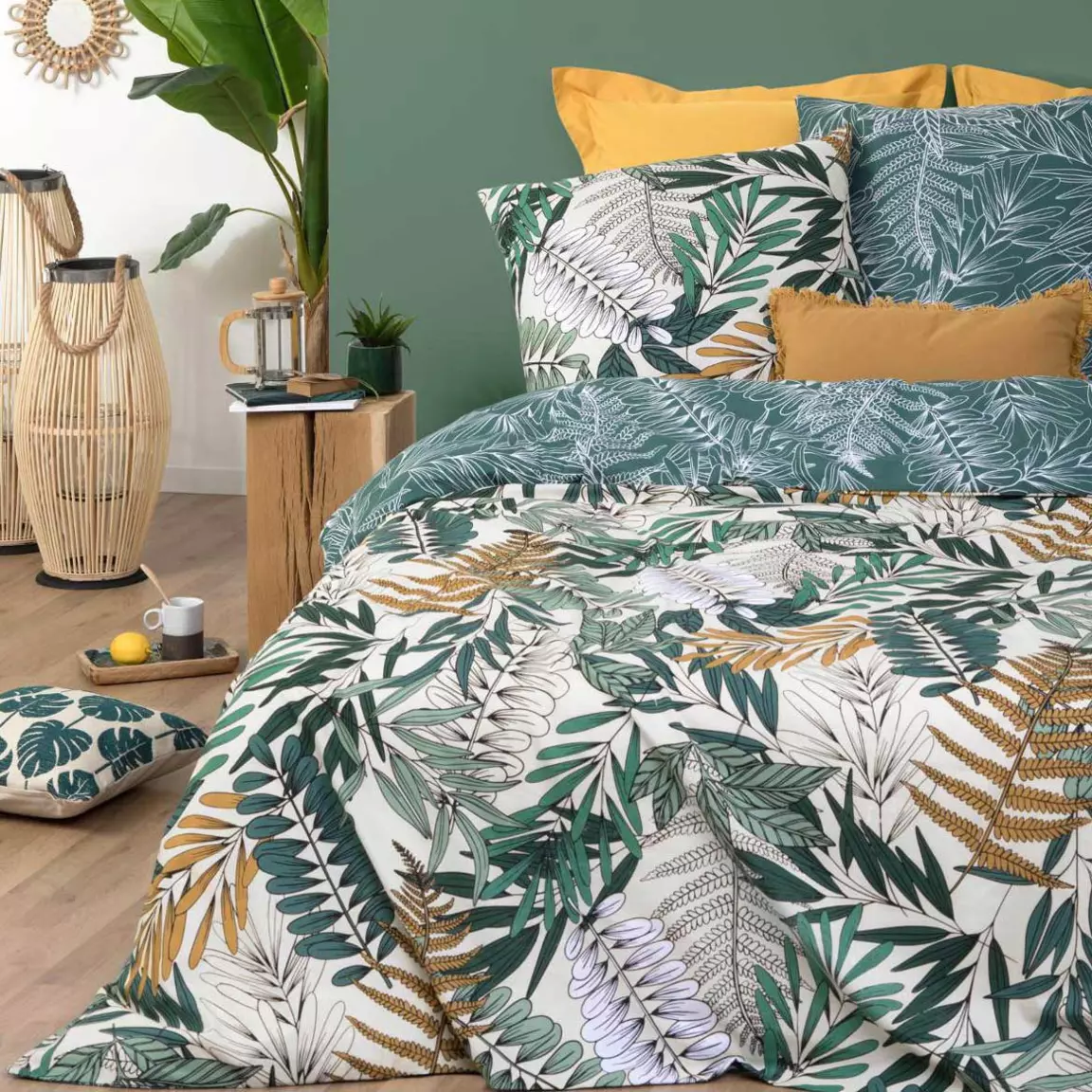 Housse de couette et deux taies coton (240 x 220 cm) Tropik Verte
