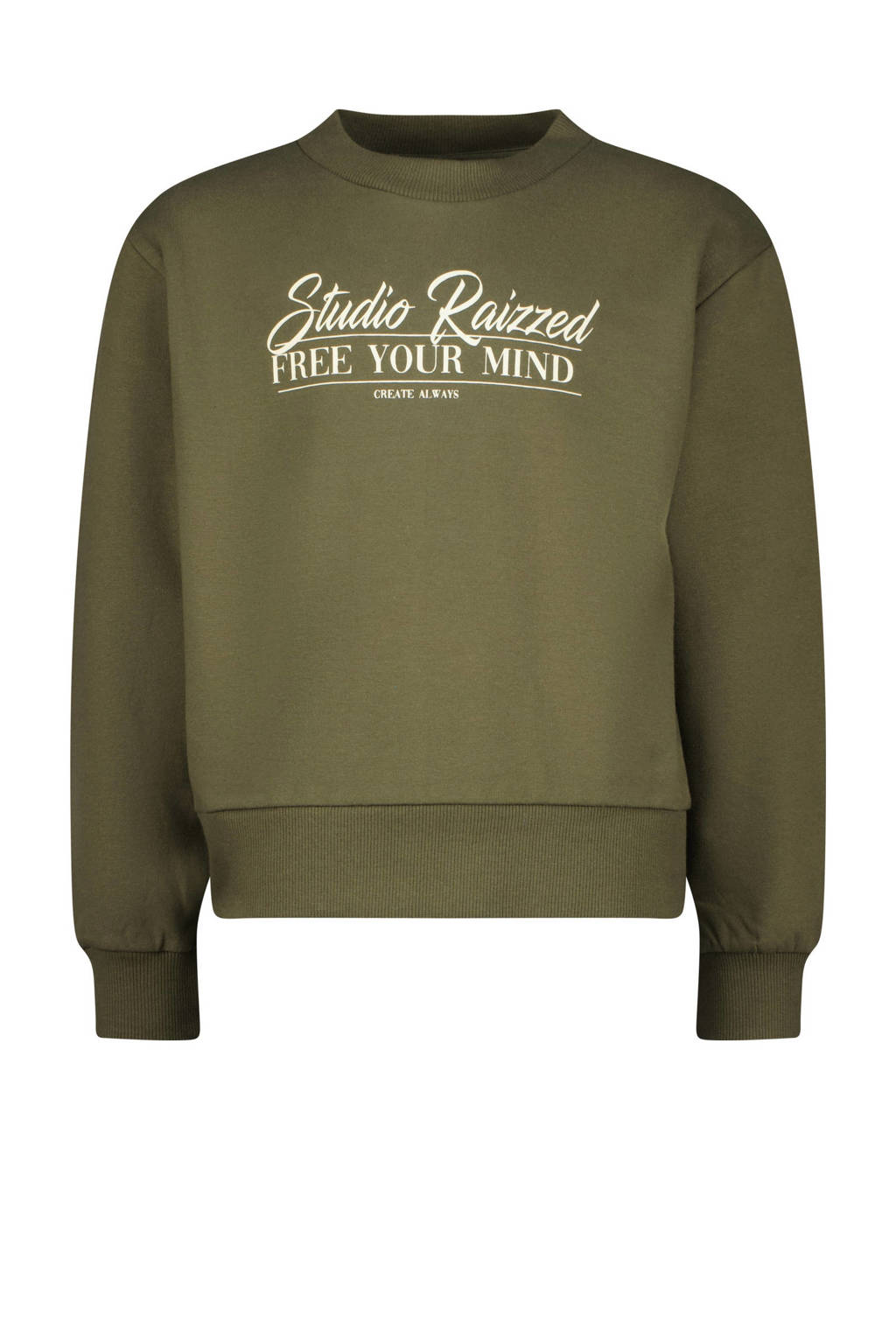 Raizzed sweater Line met tekst armygroen