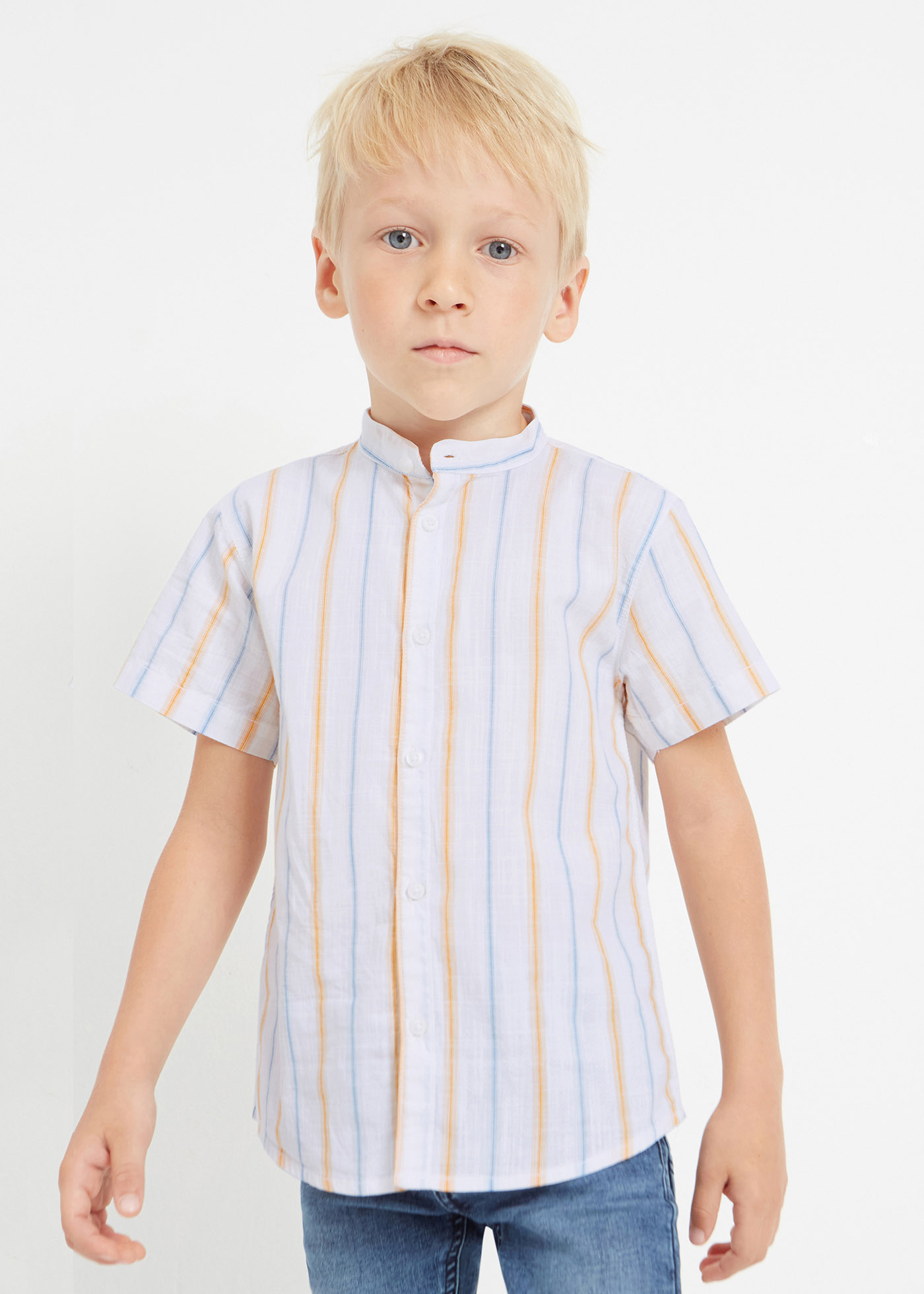 Camisa de algodão de manga curta com gola mandarim para meninos