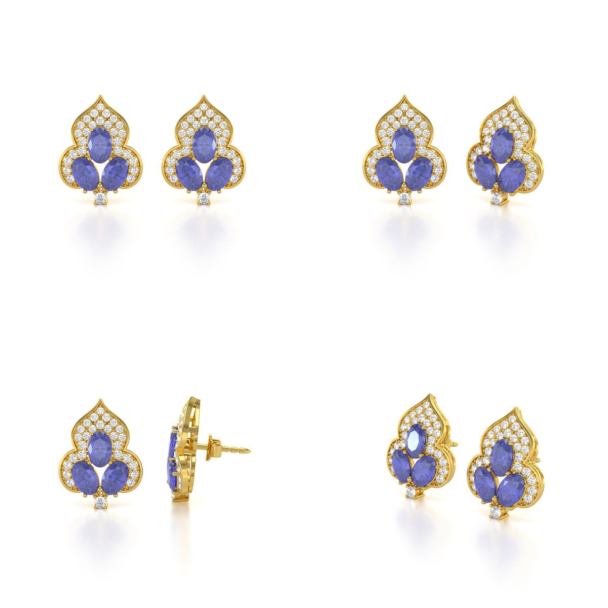 Boucles d'oreilles ADEN Or 585 Jaune Fleur Tanzanite et Diamants 3.5grs