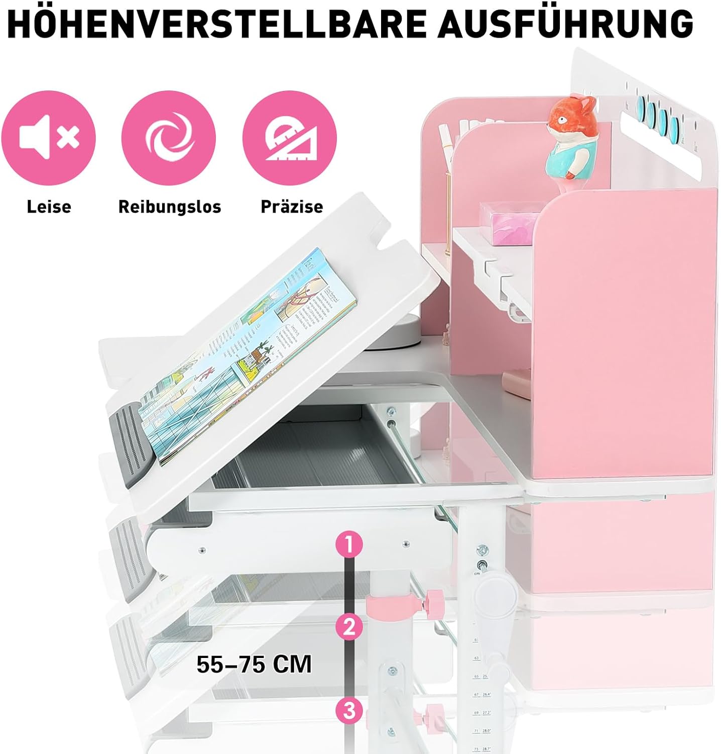 JOYLDIAS Höhenverstellbarer Kinderschreibtisch, Studiertisch für Kinder mit Bücherregale, Neigbarer Schreibtisch, Multifunktionaler Schülerschreibtisch mit Schubladen und Haken