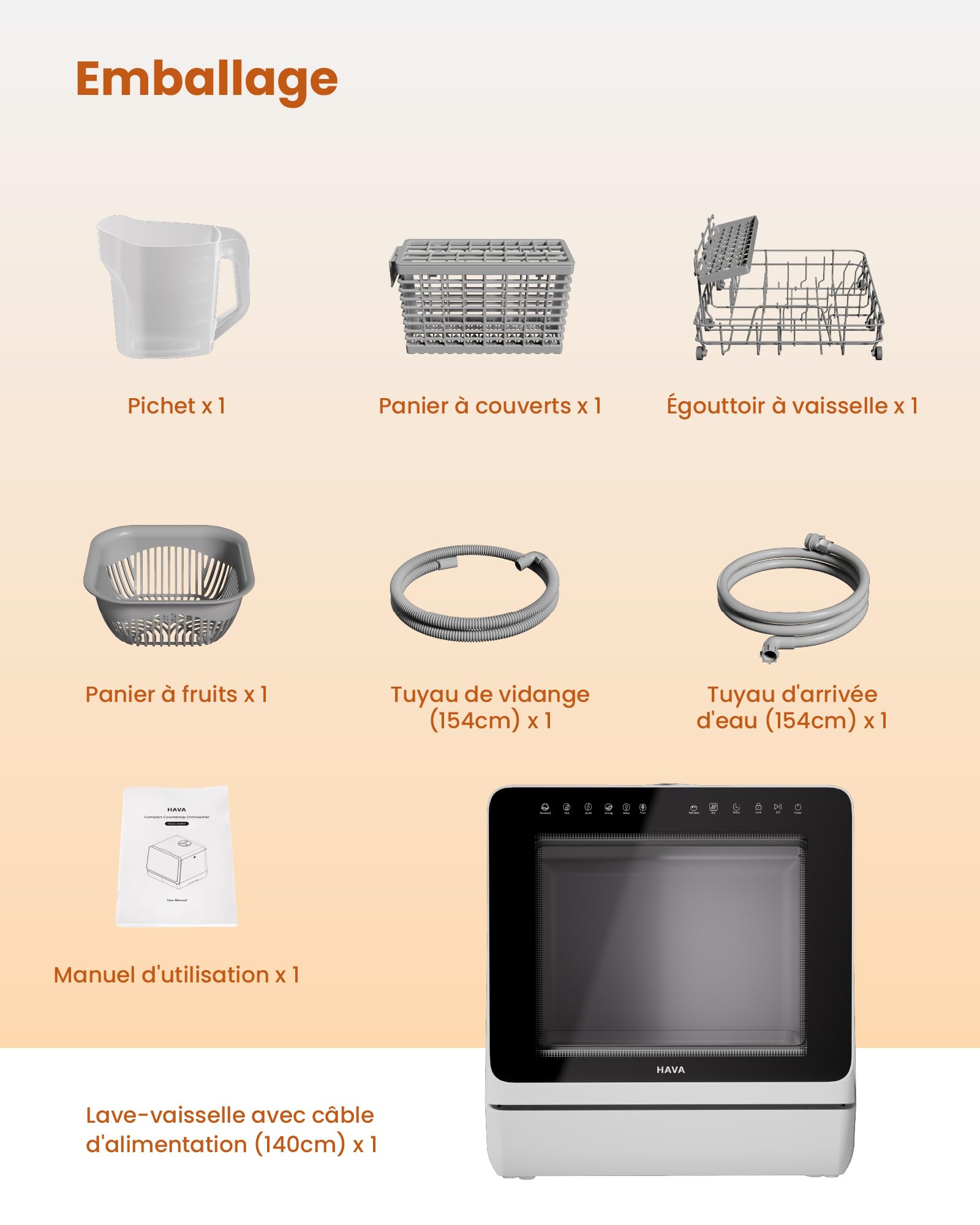 HAVA Lave-vaisselle de comptoir 2025 - Amélioré avec adoucisseur d'eau, efficacité énergétique optimale, 8 programmes de lavage, verrouillage enfant e