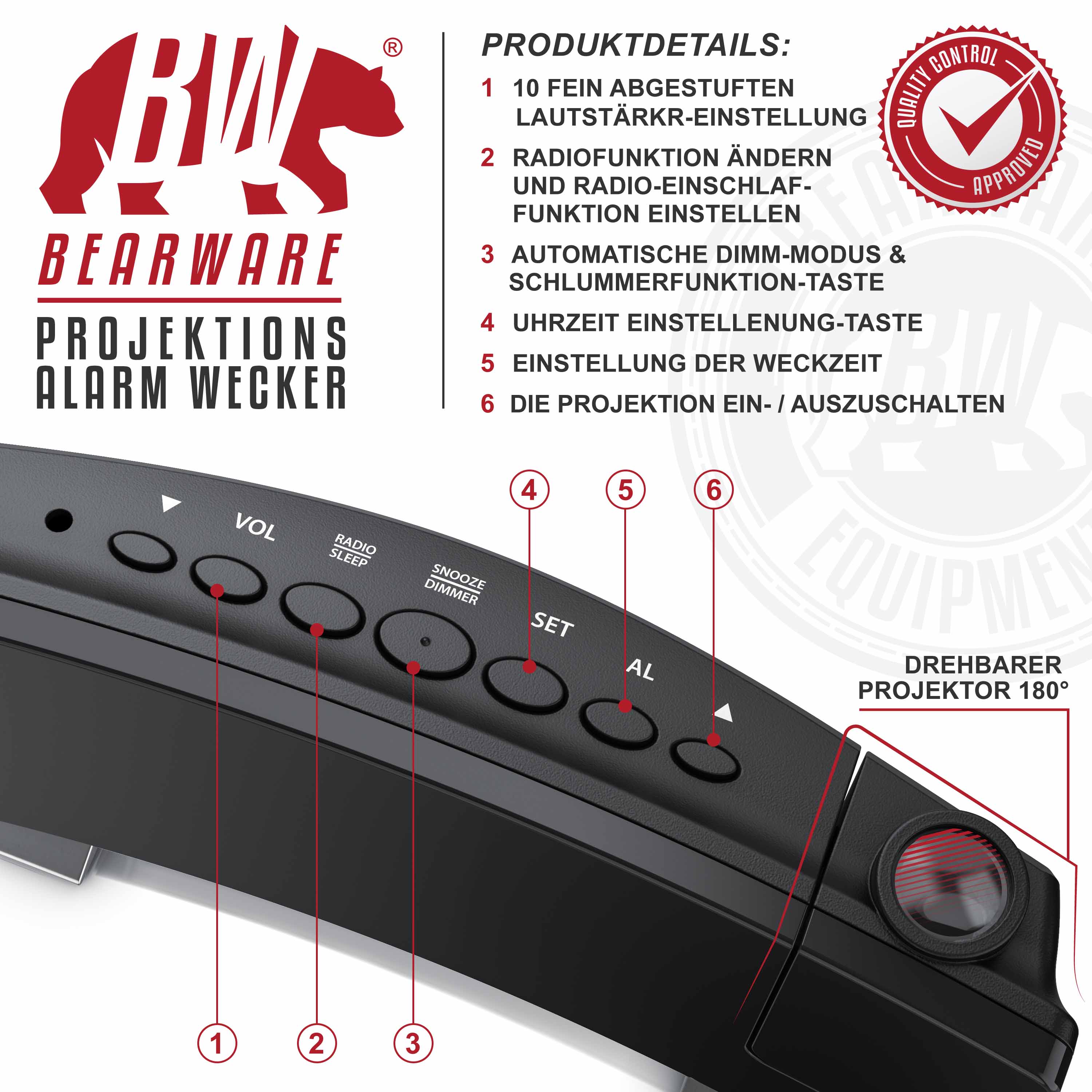Brandson Projektionswecker, Projektions Radio Wecker digital - Dimmer - Snooze - 15 Radiospeicher