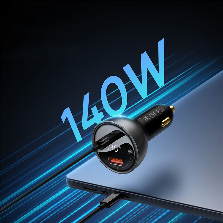 (140W) USB C / USB A Auto KFZ Ladegerät Netzteil PD 3.1 mit Display   USB C Ladekabel - Schwarz