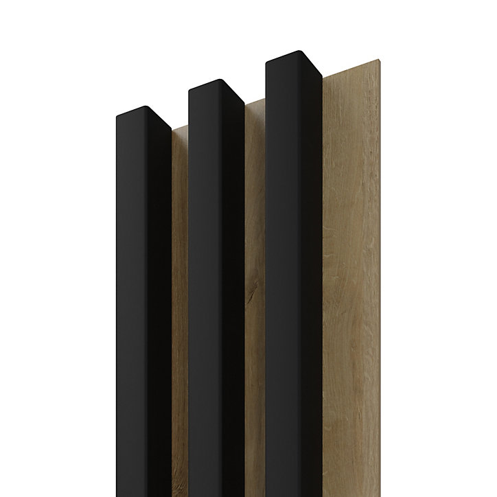 Lambris lamelles Linea Slim Black MDF noir et chêne 15 x 265 cm, ép. 30mm