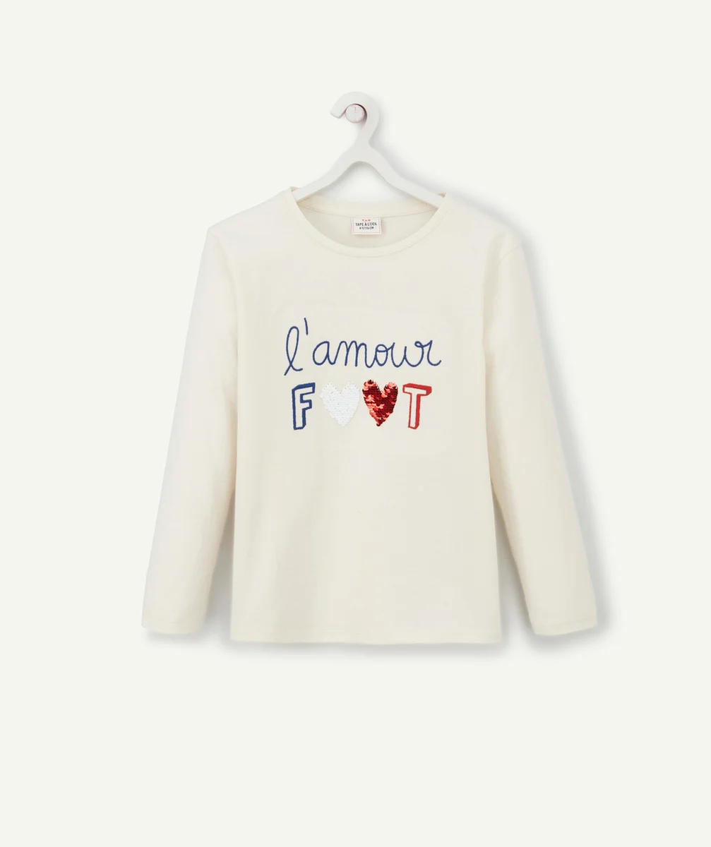 T-SHIRT FILLE EN COTON BIO ÉCRU THÈME FOOTBALL