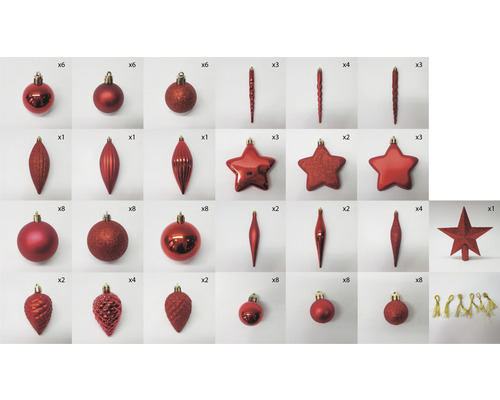 Verpakking van 104 Lafiora gemengde rode kerstballen