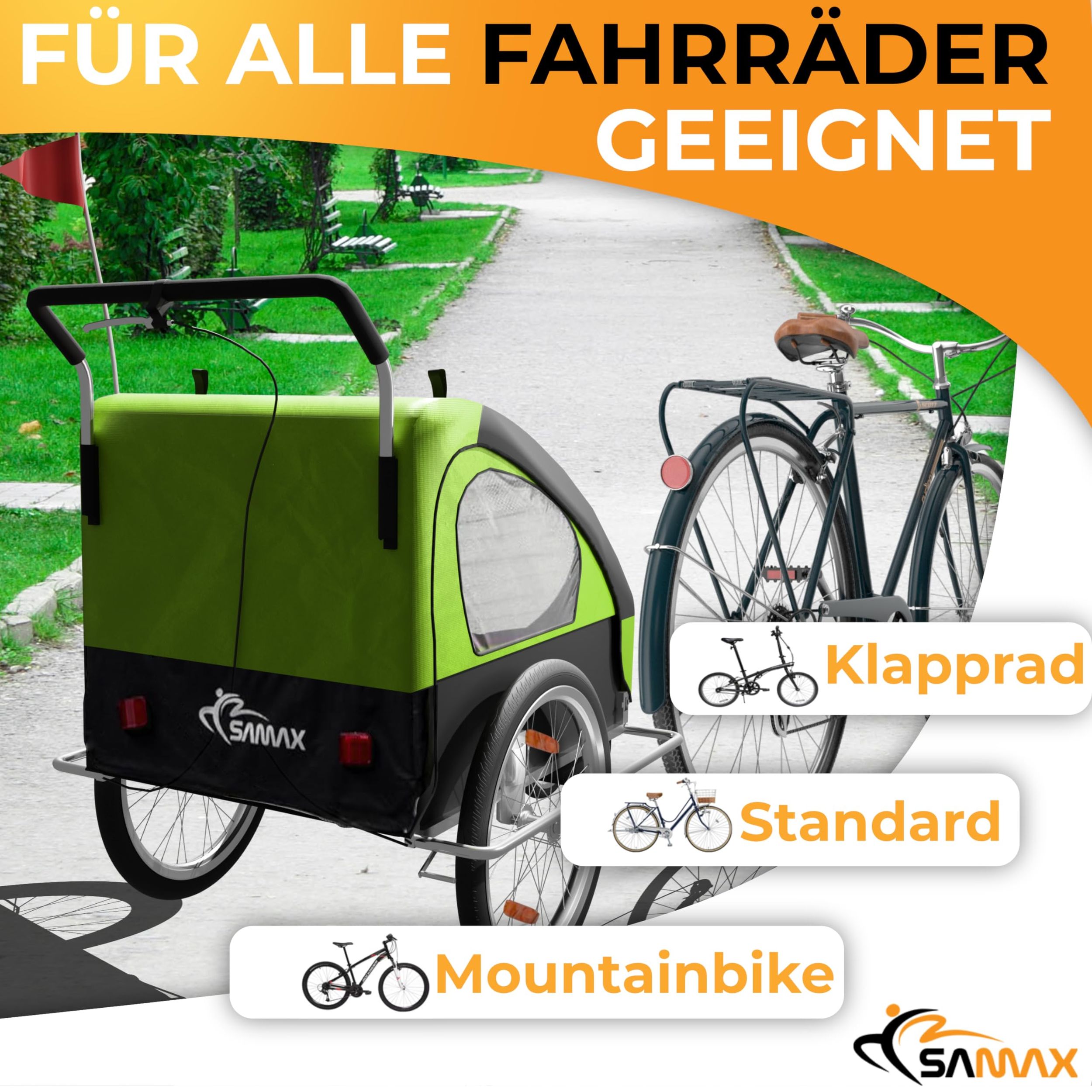 SAMAX Fahrradanhänger 2in1 Jogger - in Grün/Schwarz - Silver Frame