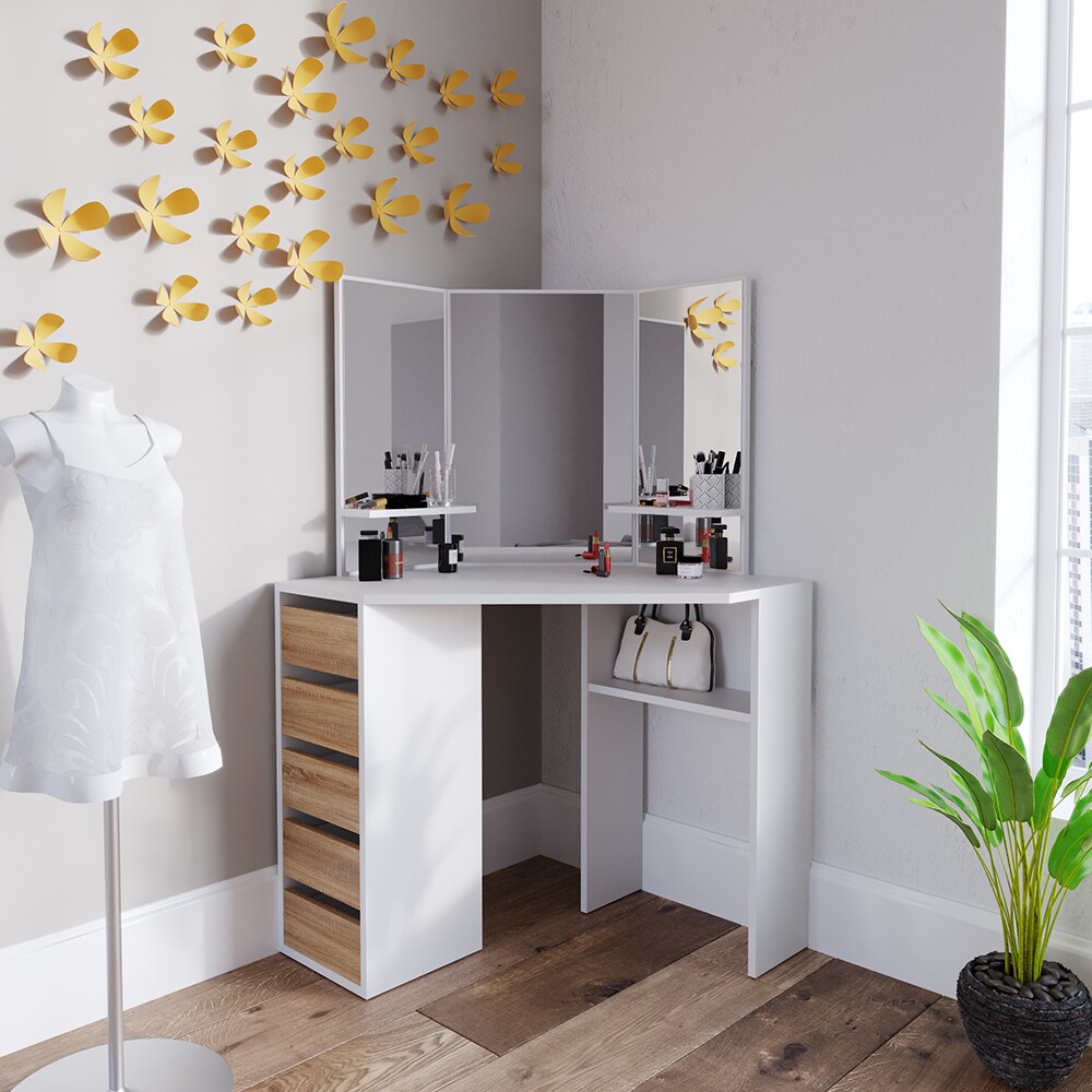 Vicco Eckschminktisch Frisiertisch Schminkkommode Arielle Weiß Sonoma Spiegel 110x145 cm modern Schlafzimmer Kommode Schublade Ablage Aufbewahrung Kosmetiktisch Schminkkonsole Make-Up-Tisch