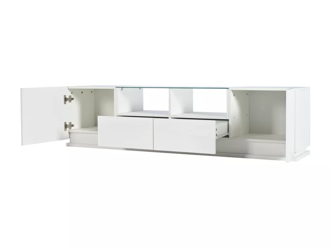 Meuble TV brillant 165x38x43cm, avec étagères en verre, 2 tiroirs et deux portes, LED, BLANC