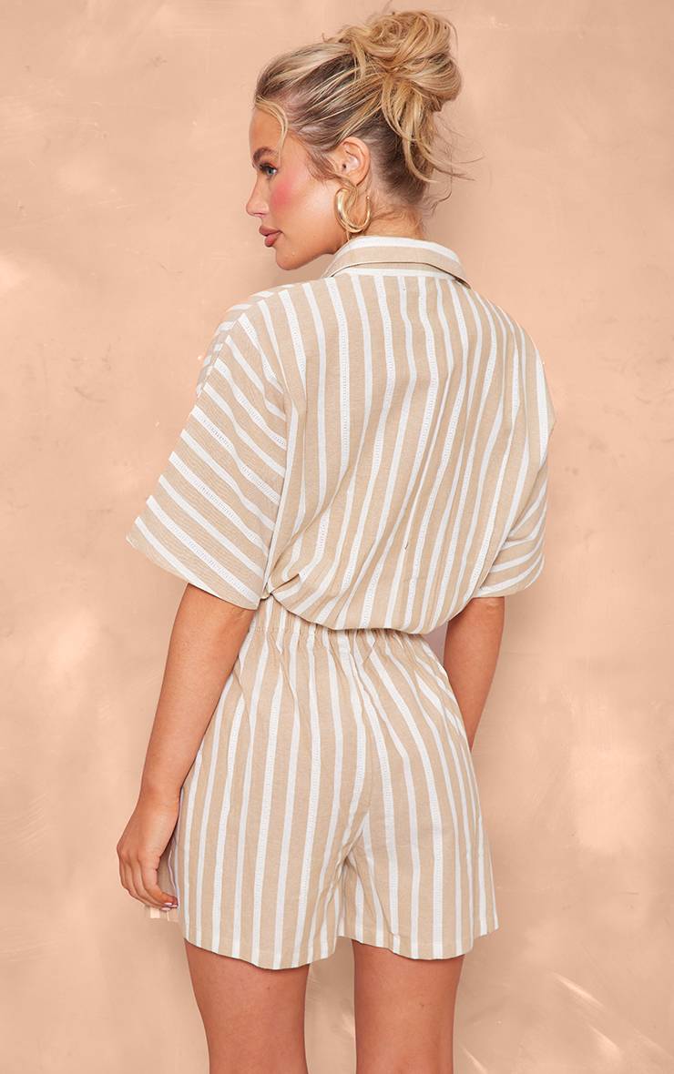 Gris Pierre Combi-short À Détail Chemise Boutonnée Aspect Lin À Fines Rayures